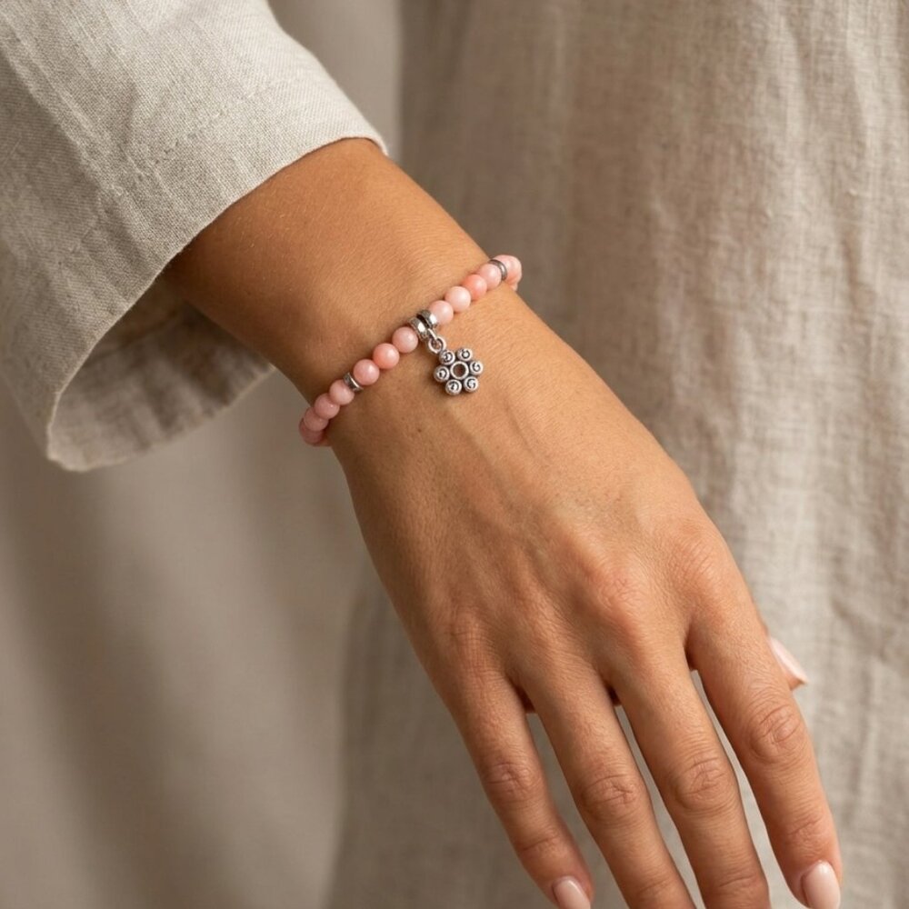 Designs by Forte Coral Bead Stretch Bracelet - Silver Flower Charm
